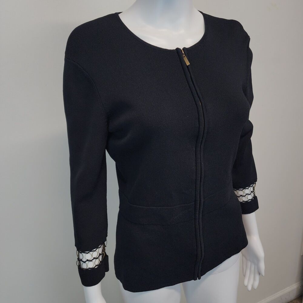 Kenar Black Sweater Size M Brass Ring Sleeve Stretch Knit Zip Up Evening Vintage